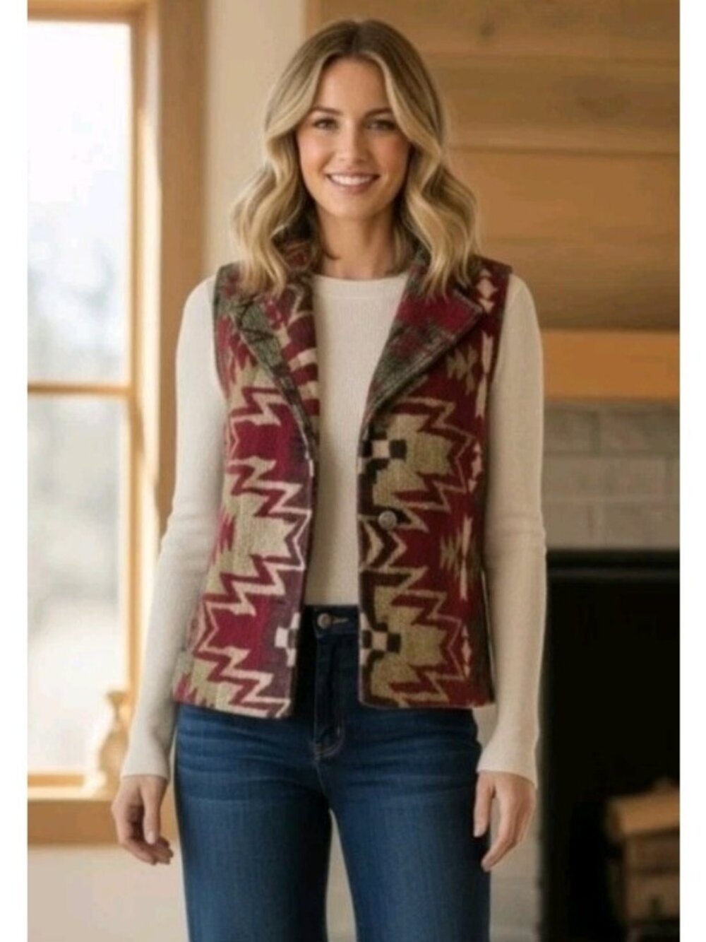 Orvis Vest Womens Southwest Aztec Western Concho Buttons Large Red Green Beige